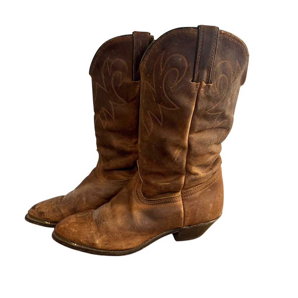 Womens Durangeo Brown Distressed Leather Western Cowboy Boots Metal Toe Tips 8.5